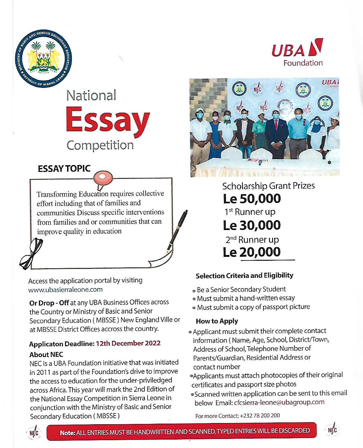 what is the topic for uba essay competition 2023