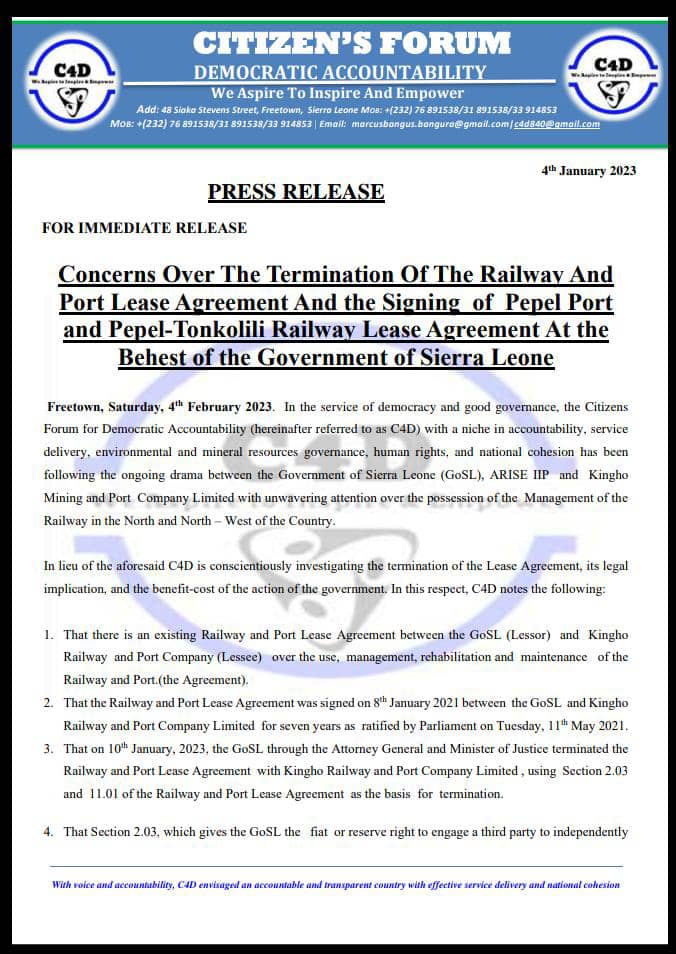 CSO Raises Concern Over The Wrongful Termination Of Leone Rock Metal Group –Kingho’s Pepel-Tonkolili Railway, Port Lease Agreement by the Government of Sierra Leone