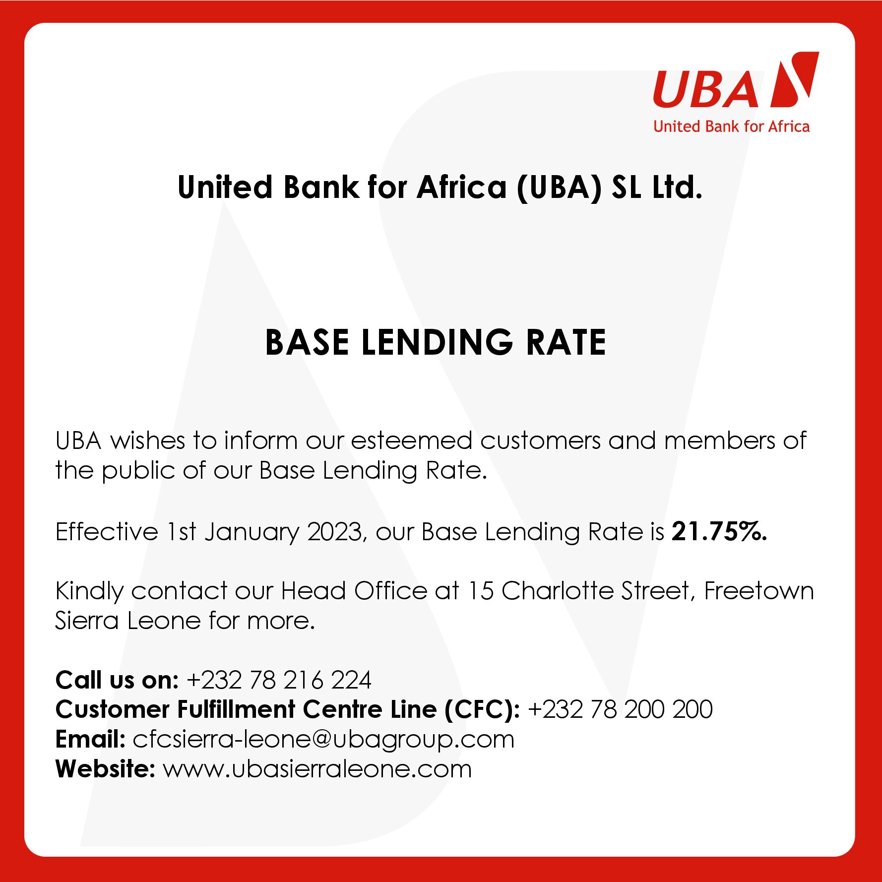 United Bank for Africa (UBA) SL Ltd. BASE LENDING RATE