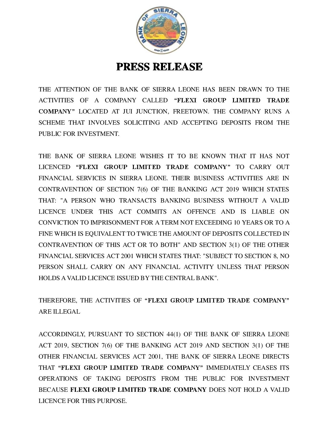 BANK OF SIERRA LEONE PRESS RELEASE
