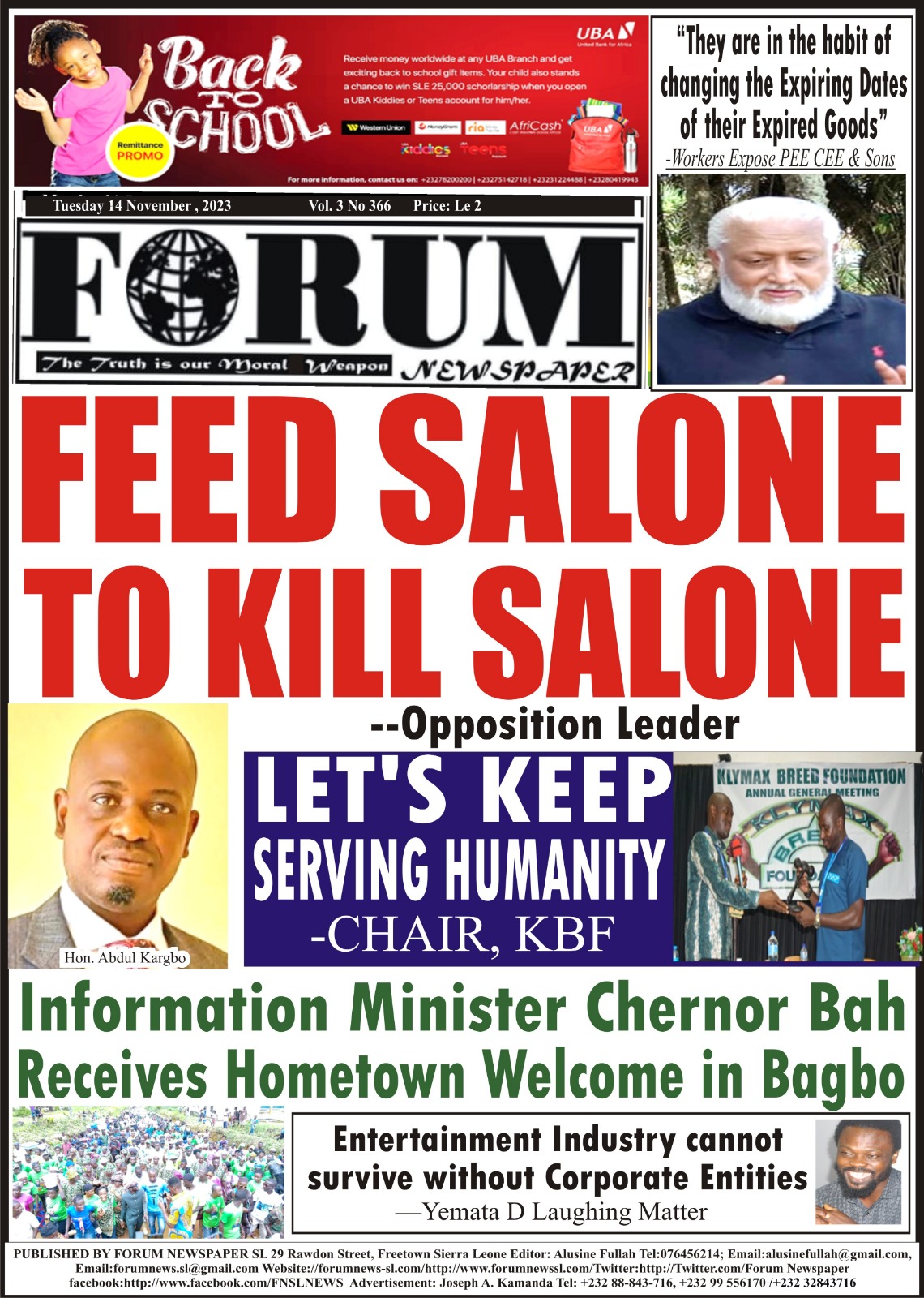 FEED SALONE TO KILL SALONE—Opposition Leader