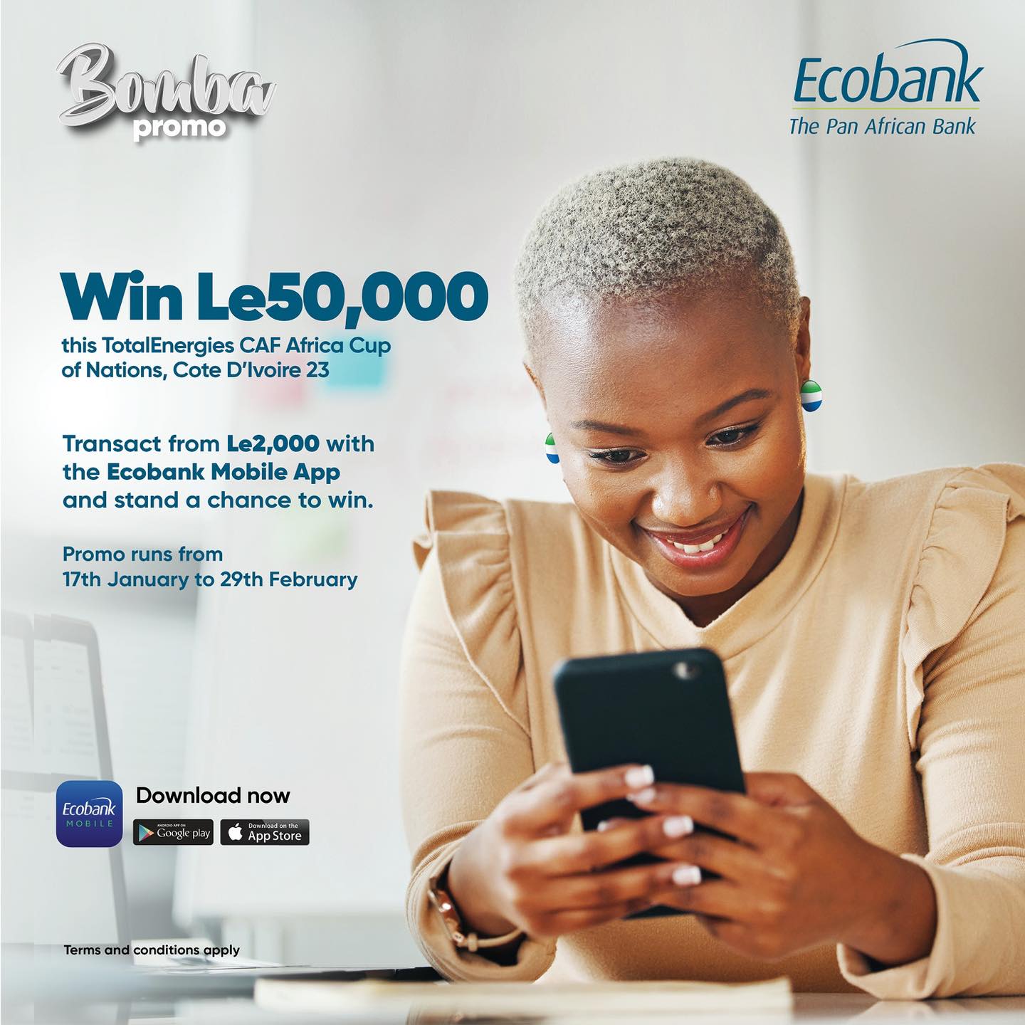 Fortune favors the bold, and so do we! Transact from Le2,000 with the Ecobank Mobile App and join the Bomba promotion for a chance to win LE50,000. #ecobankmobileapp #ecobankmobile #bomba