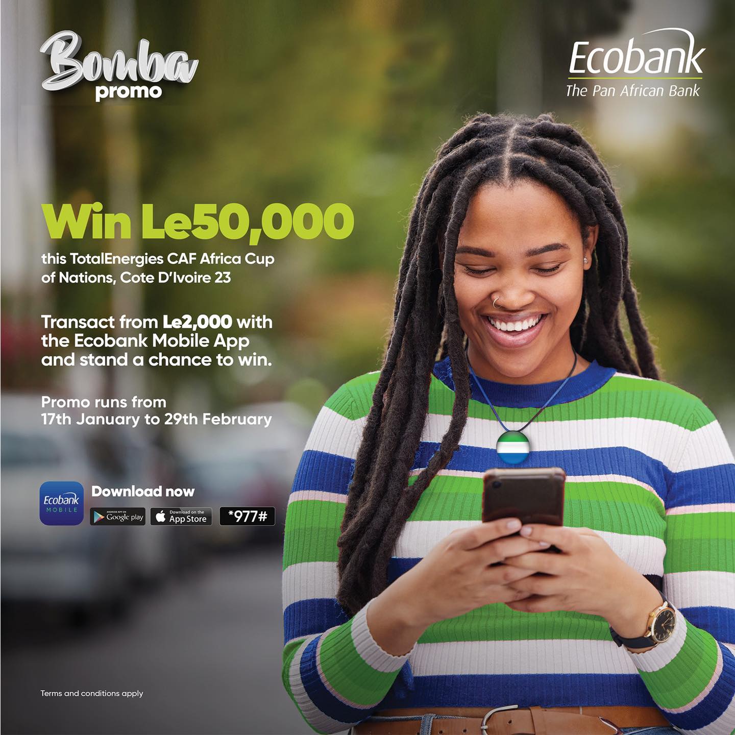 Another day, another opportunity to WIN Le50,000!!! Use the Ecobank Mobile App ✅ Send/receive Le2,000 or more ✅ And stand a chance to celebrate the #AFCON in style. #ecobankmobileapp #ecobankmobile #AFCON #Bombapromo #bomba