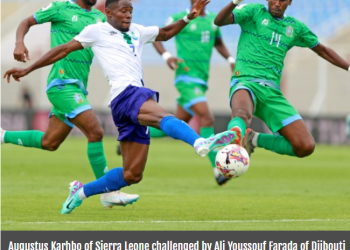Augustus Karhbo of Sierra Leone challenged by Ali Youssouf Farada of Djibouti during the 2026 World Cup Qualifiers match between Sierra Leone and Djibouti at Stade El Abdi in El Jadida, Morocco on 5 June 2024 ©Nour Aknajja/BackpagePix