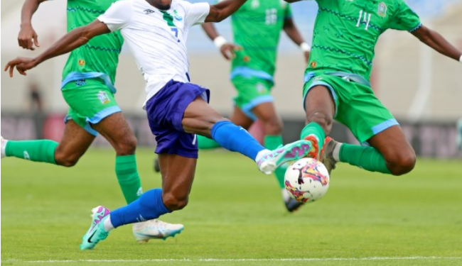 Augustus Karhbo of Sierra Leone challenged by Ali Youssouf Farada of Djibouti during the 2026 World Cup Qualifiers match between Sierra Leone and Djibouti at Stade El Abdi in El Jadida, Morocco on 5 June 2024 ©Nour Aknajja/BackpagePix