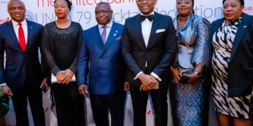 GMD, UBA, Oliver Alawuba; First Lady of Sierra Leone, Fatima Jabbe-Bio; President of Sierra Leone, H.E. Julius Maada Bio; Group Chairman, UBA Group, Tony Elumelu, CFR; CEO, UBA Africa, Abiola Bawuah; and Executive Director/CEO, UBA International, Sola Yomi-Ajayi