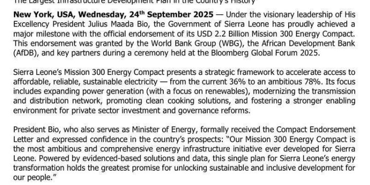 World Bank and AfDB Endorse Sierra Leone’s USD 2.2 billion “Mission 300” Energy Compact